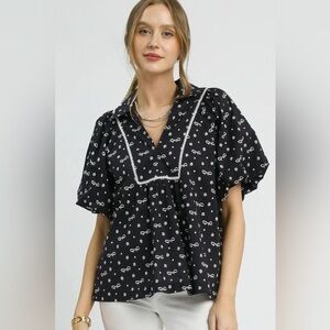 Umgee Bow Print Puff Sleeve Blouse